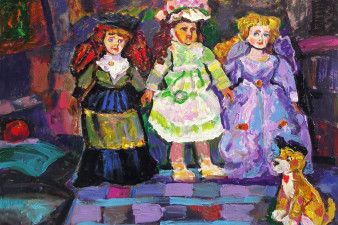 На диване три подружки и собака. 2013. Холст, масло. 90х110